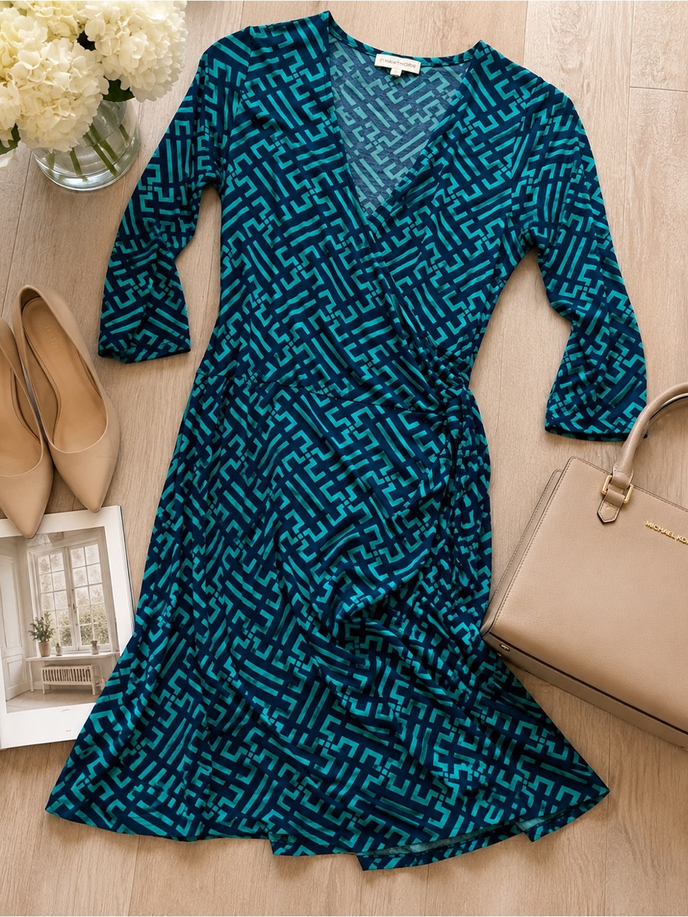 41 Hawthorn Geometric Faux Wrap Dress – Blue & Teal | Size Medium